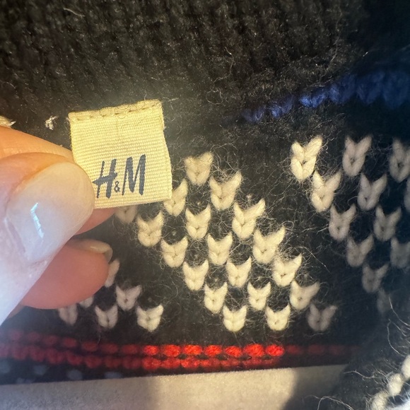 H&M Label Graded Goods Red White Blue Geometric Patchwork Cardigan Sweater Sz L - Picture 5 of 9